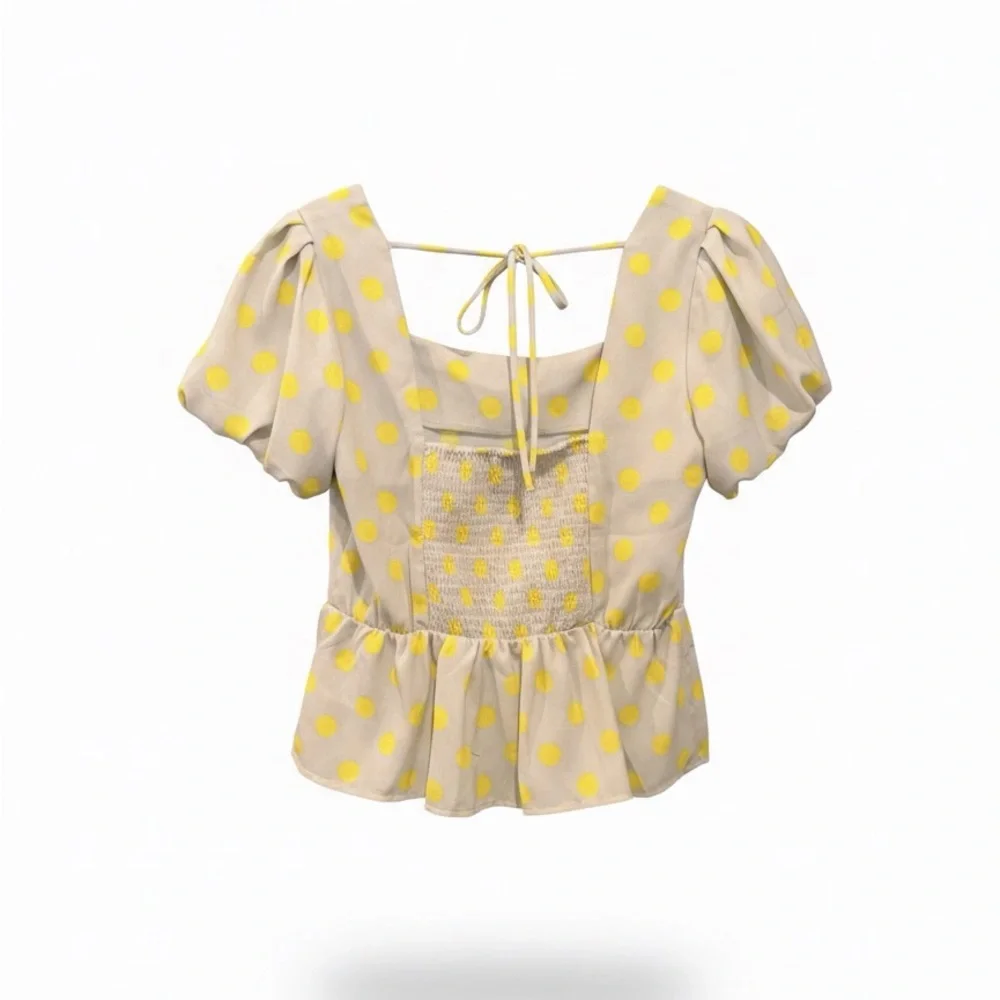 Lily White Gray Blouse with Yellow Polka Dots - Picture 3 of 5